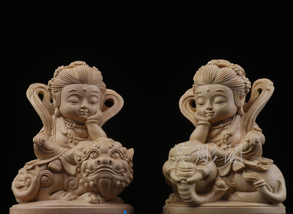 文殊菩薩 普賢菩薩 木彫仏像 彫刻 極上品 仏教工芸品 彫刻 芸彫