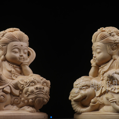 文殊菩薩 普賢菩薩 木彫仏像 彫刻 極上品 仏教工芸品 彫刻 芸彫