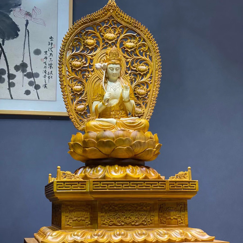 【限定品】 持蓮観音像 観音菩薩座像 仏像 佛像 ＊香樟木 精密彫 彫刻 仏教 彫刻・オブジェ