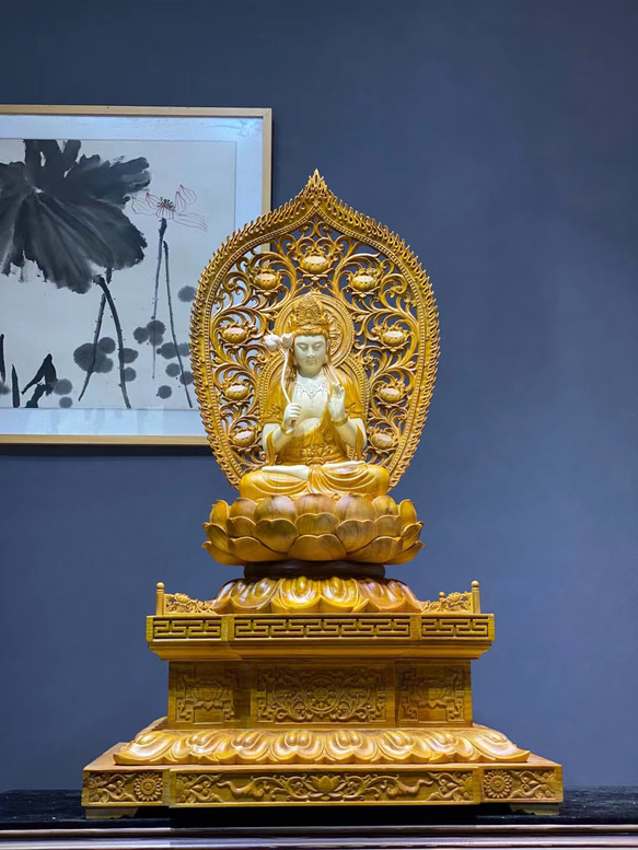持蓮観音像 観音菩薩座像 仏像 佛像 ＊香樟木 精密彫 彫刻 仏教
