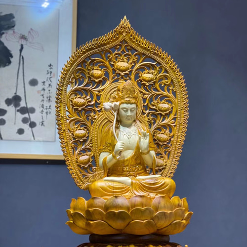 持蓮観音像 観音菩薩座像 仏像 佛像 ＊香樟木 精密彫 彫刻 仏教
