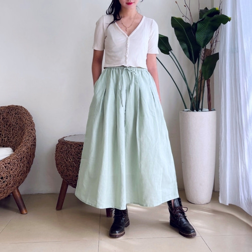 ロングプリーツスカート（コットンリネン素材♪淡いミントグリーン