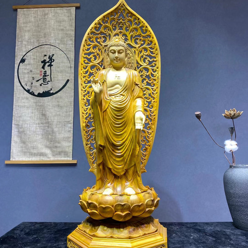 豪華！ 木彫仏像 阿弥陀如来立像 阿弥陀仏 彫刻 本金 切金 檜材