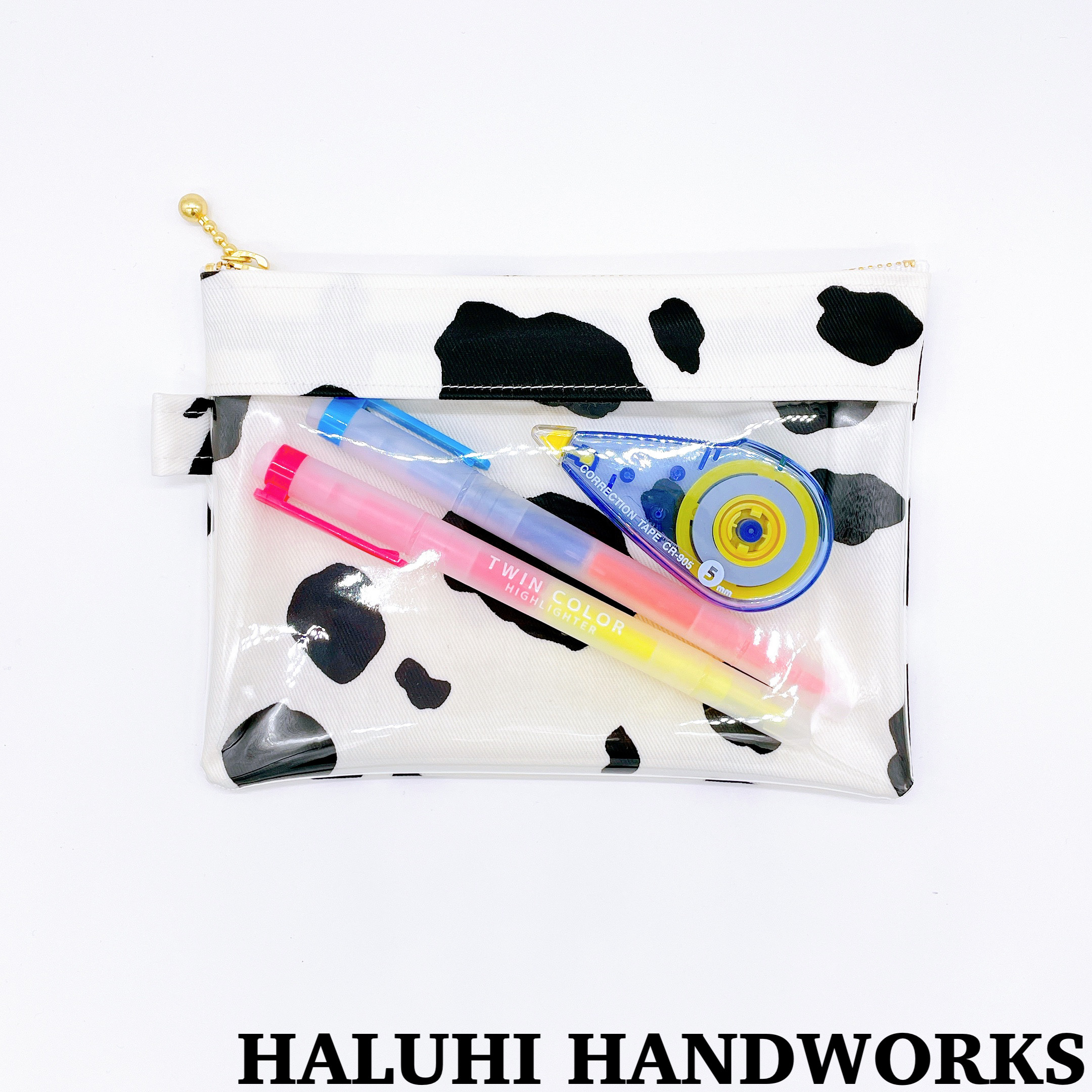 牛柄 クリアポーチ(中) ペンケース ポーチ HALUHI HANDWORKS