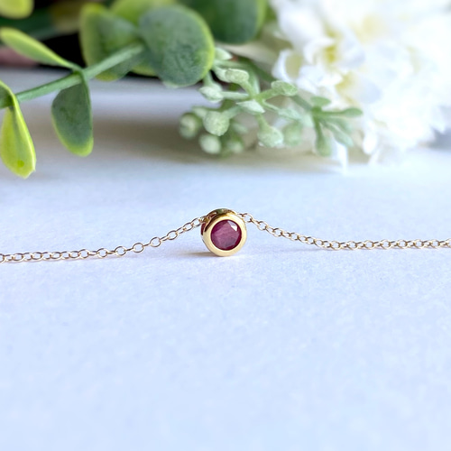 宝石質ルビー 4mm ベゼルネックレス 14kgf/sv925 7月誕生石 紅玉