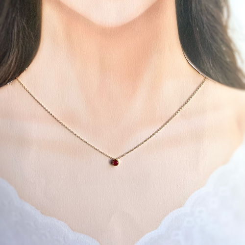 宝石質ルビー 4mm ベゼルネックレス 14kgf/sv925 7月誕生石 紅玉