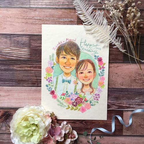 似顔絵ウェルカムボードや結婚祝いのプレゼントに！ お花いっぱいの