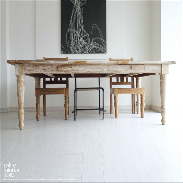オールドチークダイニングテーブルWWⅡ 食卓テーブル 机 チーク材 古材家具 引出二杯 デスク 総無垢 シャビー 1枚目の画像