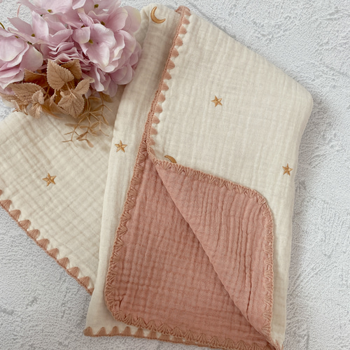 専用⭐みかん❤ふわとろっ超暖か❤特大ブランケット❤刺繍お星様。ピンクみるく さくらんぼピンク刺繍6重ガーゼブランケット 韓国イブルおくるみ