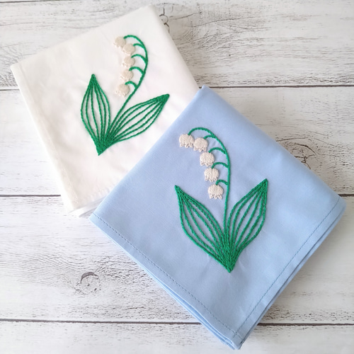 すずらんのハンカチ 布花2点 お買い得 すずらんの花のハンカチ刺繍キット*ブルー flowerハンカチキット