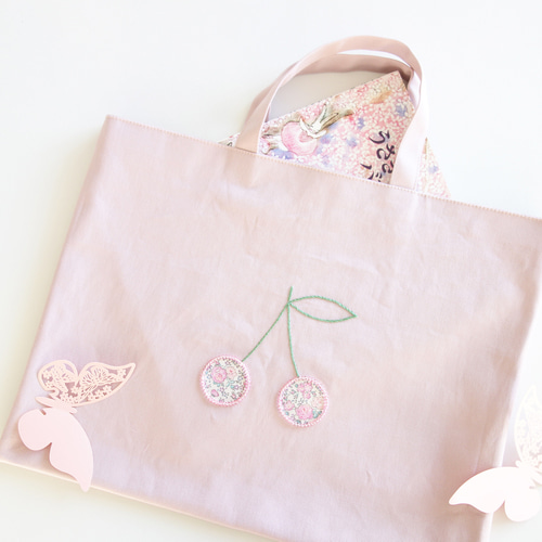 BABYゴブラン生地リボンBAG ピンク レッスンバッグ『チェリーボンボン』ネームタグつき｜さくらんぼ柄