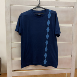 父の日　藍染Tシャツ　メンズ半袖（ひし形模様）ストライプ　型板挟み染め　サイズ展開豊富　XS～XXXL 藍染め 1枚目の画像