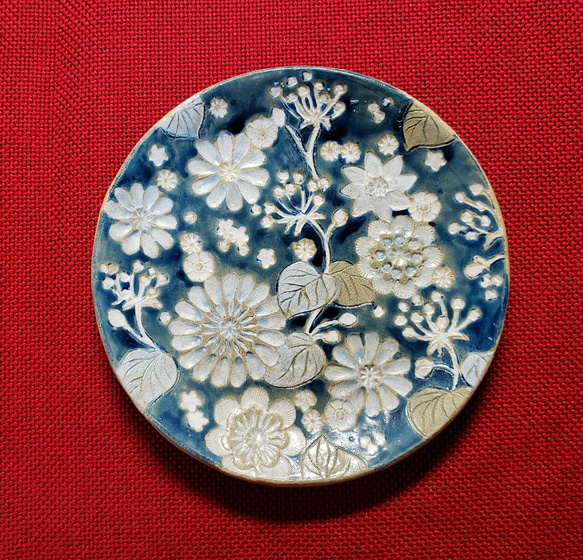 送料込み　蒼の花束　小皿　オーブン陶土のお皿 7枚目の画像