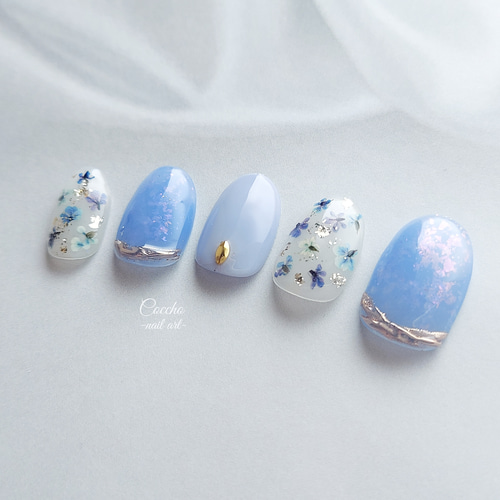 No.47 押し花ネイル ブルー ラベンダー ベリーペリ 押し花 ミラー
