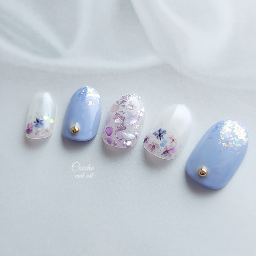 No.48 押し花ネイル ラベンダー 紫 フラワー 花 青紫 パープル ドライ
