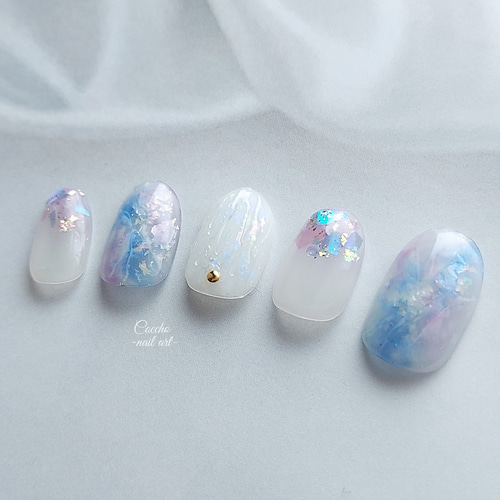 No.50 ジェルネイル 紫陽花 梅雨 オーロラ 天然石 ニュアンス シェル