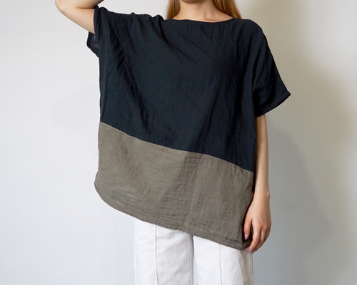 ゆったりガーゼTシャツ/ツートンブラック/知多木綿 ダブルガーゼ