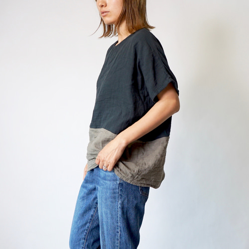 ゆったりガーゼTシャツ/ツートンブラック/知多木綿 ダブルガーゼ T