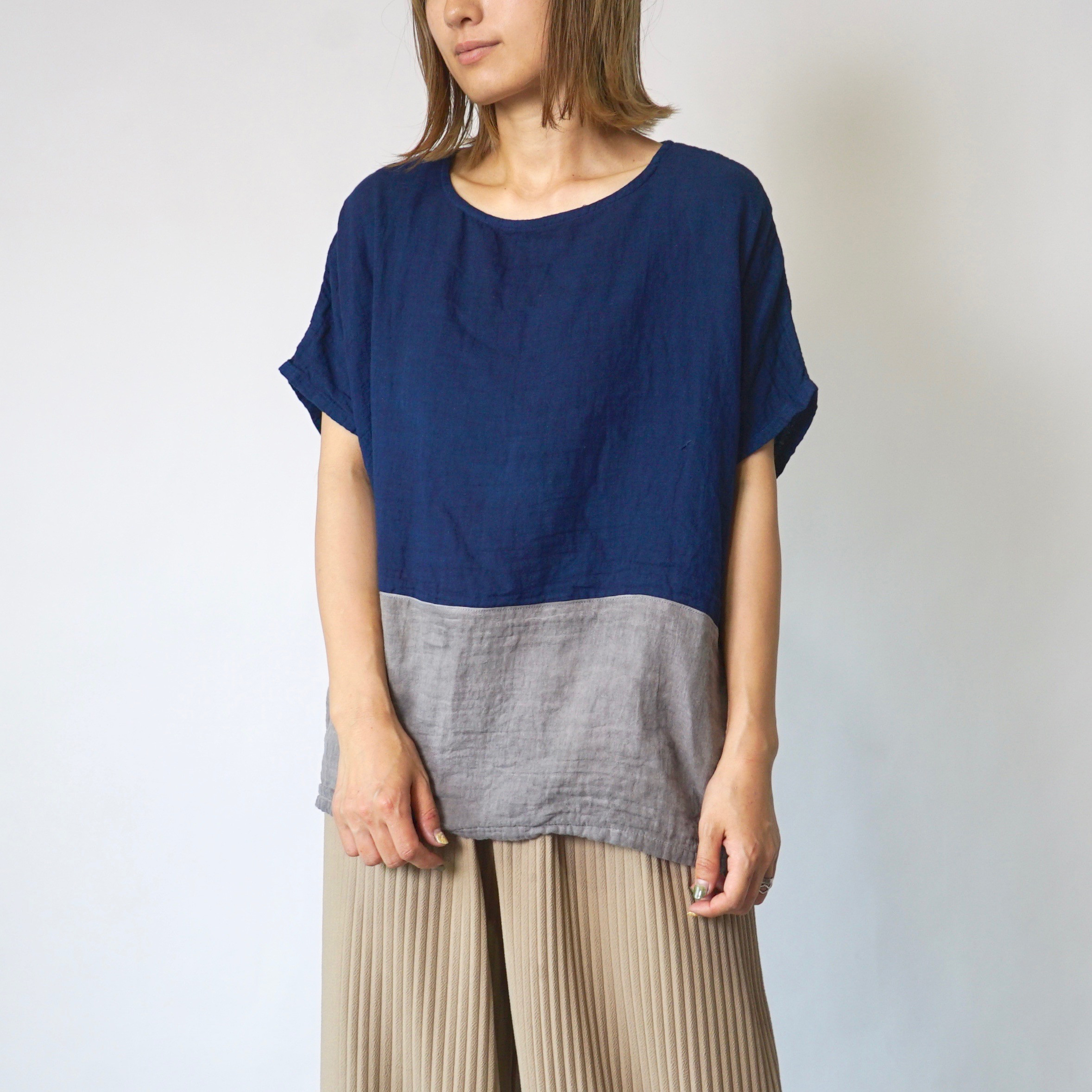 ゆったりガーゼTシャツ/ツートンブルー/知多木綿 ダブルガーゼ 10,010円