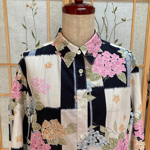☆浴衣リメイク☆チュニック丈のシャツブラウス(格子／紫陽花