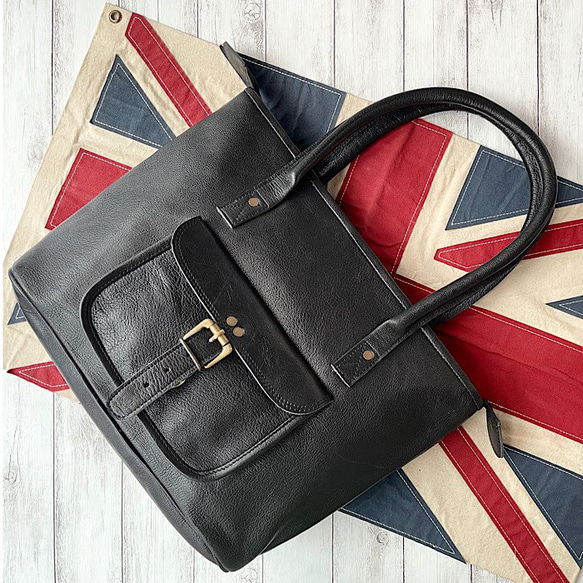 英國設計真皮包購物旅行者黑色 第8張的照片