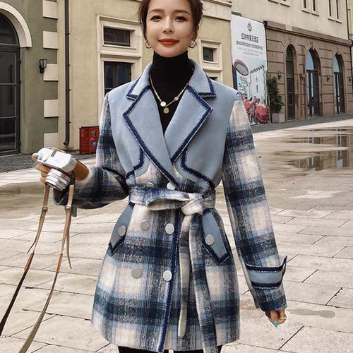 おしゃれ襟ベルト付 チェック柄 上質 レディース コート スプリング