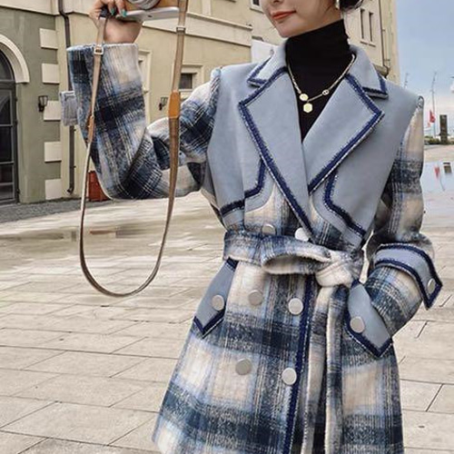 おしゃれ襟ベルト付 チェック柄 上質 レディース コート スプリング