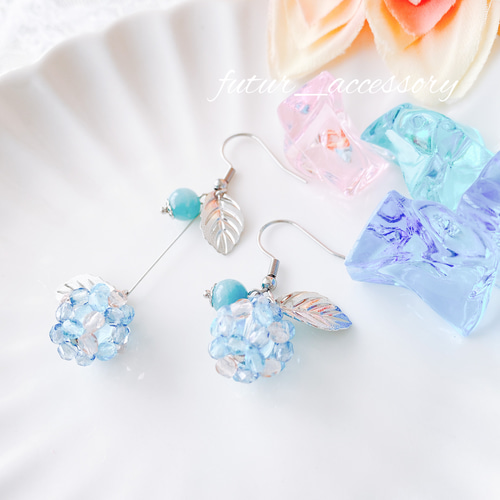 紫陽花とアマゾナイトのピアス/イヤリング あじさい アシンメトリー 