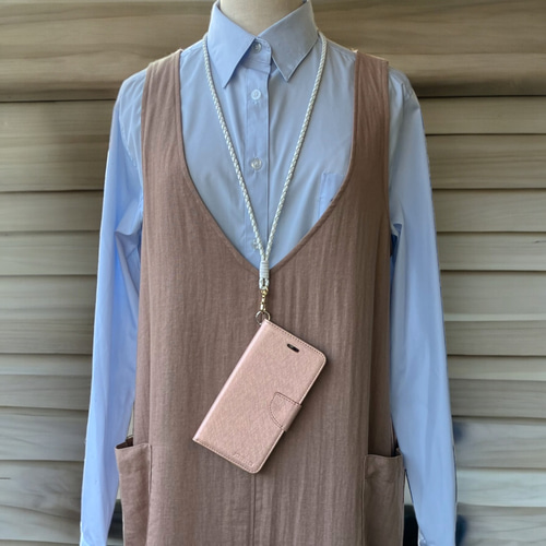 フェミニン ネックストラップ サーモンピンク 本革 編み込み