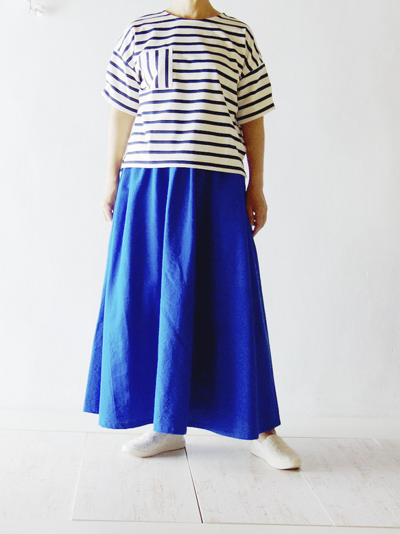 シルエットが綺麗【綿麻ギャザースカート】中厚　ブルー　ブロックチェック　マキシ丈 6枚目の画像