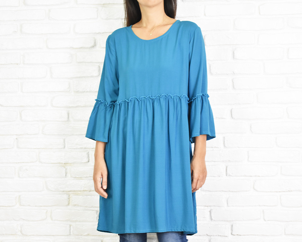 フリルスリーブチュニック　ターコイズブルー