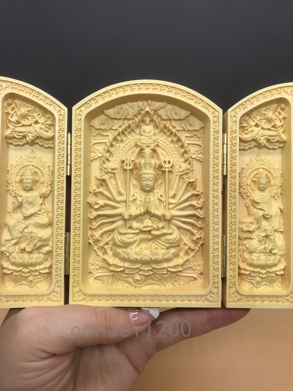 仏教工芸品  千手観音菩薩  木彫仏像 仏教美術   三開仏  置物 4枚目の画像