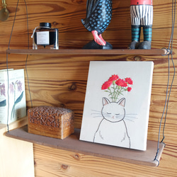 手刺繍ファブリックパネル「夢見る猫/カーネーション」 3枚目の画像