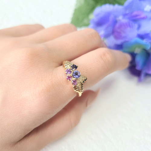 梅雨の訪れ 紫陽花ゴールドリング＊3種類の天然石＊ アメジスト