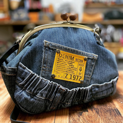 がま口ショルダーバッグ デニムリメイク黄色タグ ショルダー