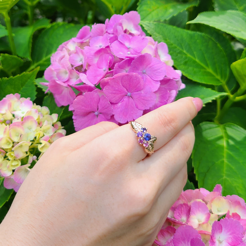 梅雨の訪れ 紫陽花ピンクゴールドリング＊3種類の天然石