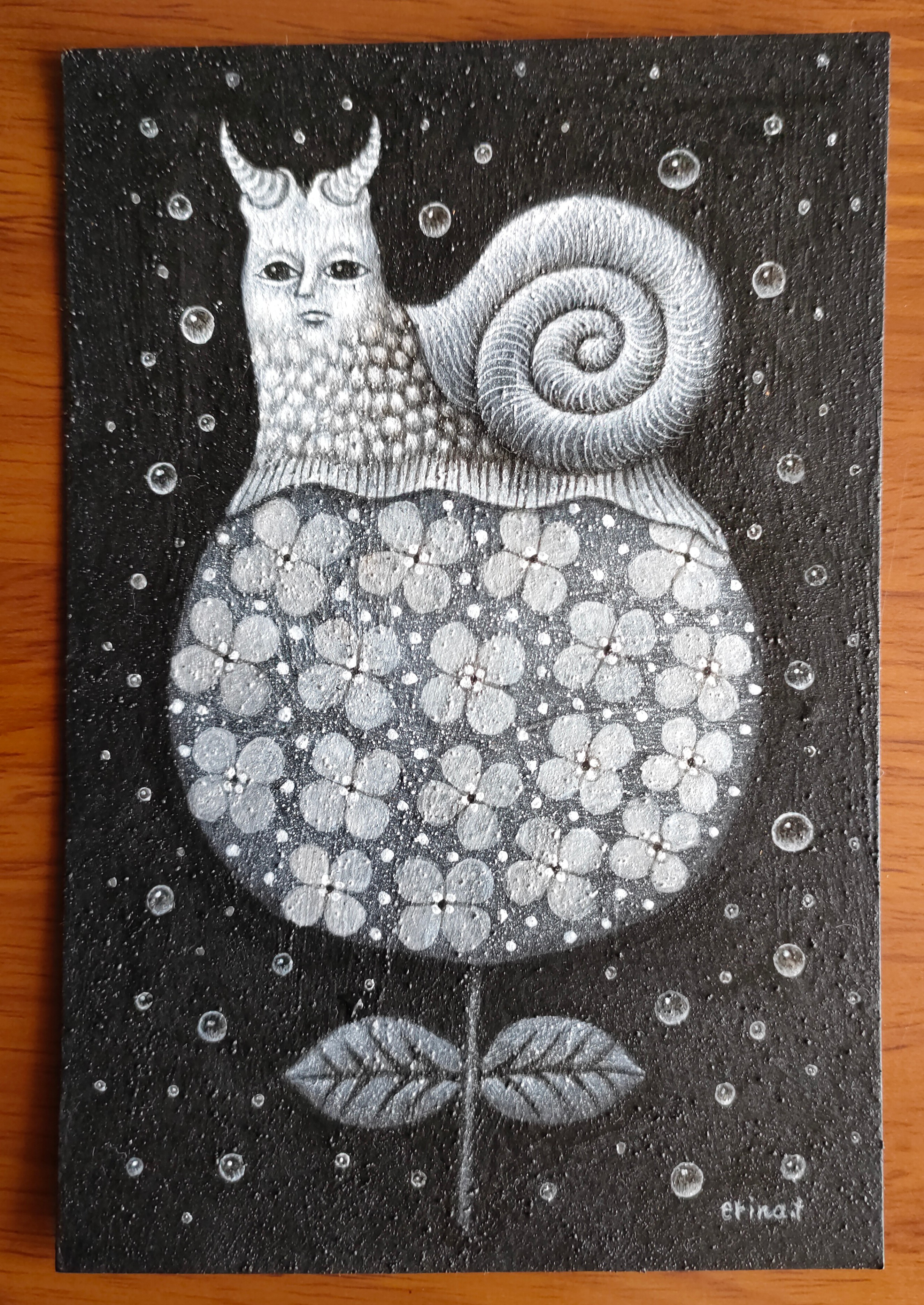 ハガキサイズ原画 「紫陽花とカタツムリ」