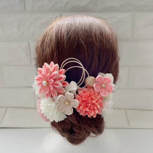 ピンク＊華ダリア＊マム ❁振袖髪飾り和 つまみ細工結婚式・成人式