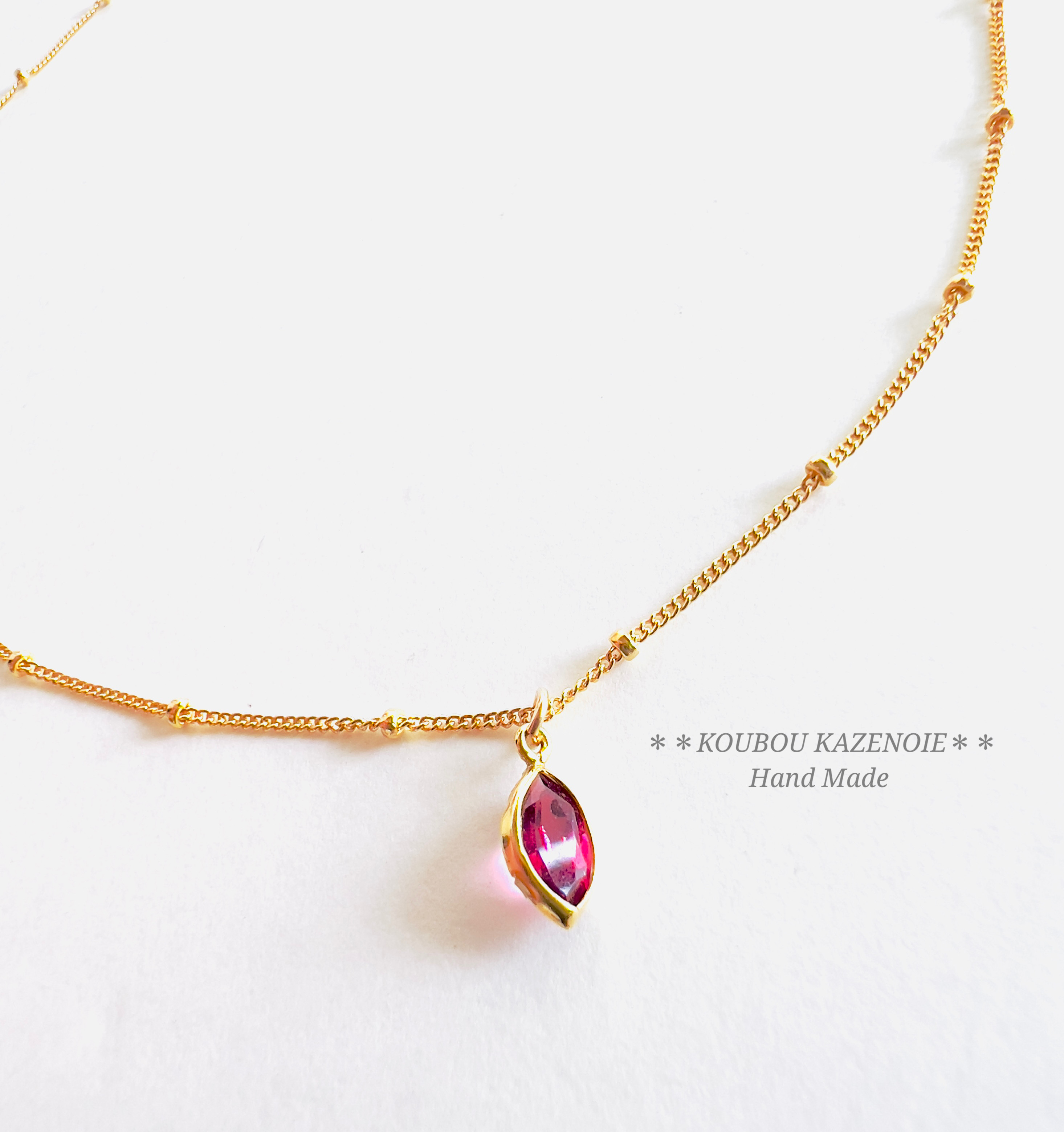 長さが選べる☆【14kgf】デザインチェーンが可愛い♪　マーキス一粒ネックレスロードライトガーネット　受注制作・送料無料