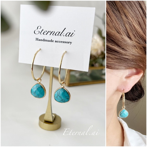 No.194 【2way】ターコイズ フープピアス 天然石 ピアス（スタッド・一