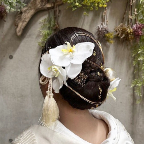 胡蝶蘭 3輪 タッセル色違い多数 結婚式 成人式 髪飾り アイボリー 白 