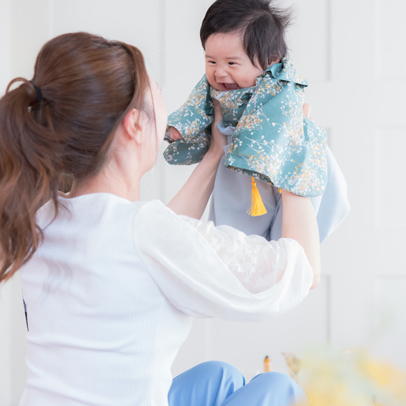 80/ふうせん袴(白銅)＊緑の花束シャワー柄 ベビー着物✧˖°⌖꙳✧˖°ベビー袴/男の子 8枚目の画像