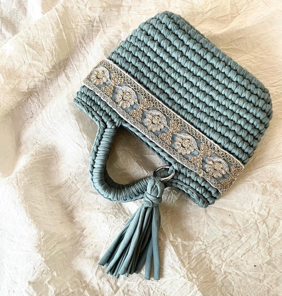 長財布も入る♡編み物バッグ ロシアヤーン インド刺繍リボン