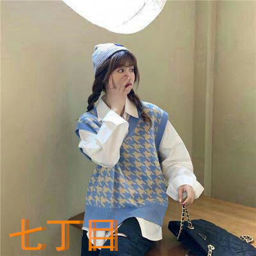 千鳥柄 水色 ニット 夏 春 ブルー ニットベスト 韓国 Vフロント
