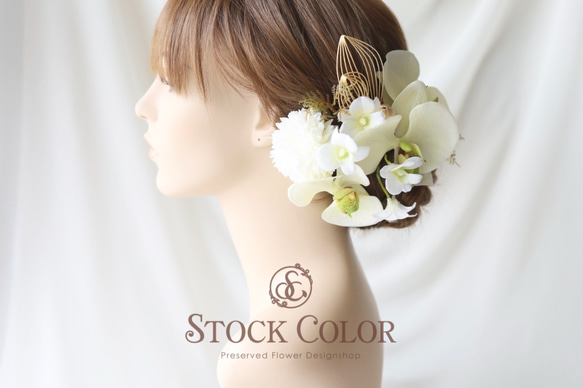 胡蝶蘭と水引飾りのヘッドドレス/ヘアアクセサリー(ホワイトグリーン)＊ウェディング 白無垢 和装 成人式 卒業式 髪飾り 3枚目の画像