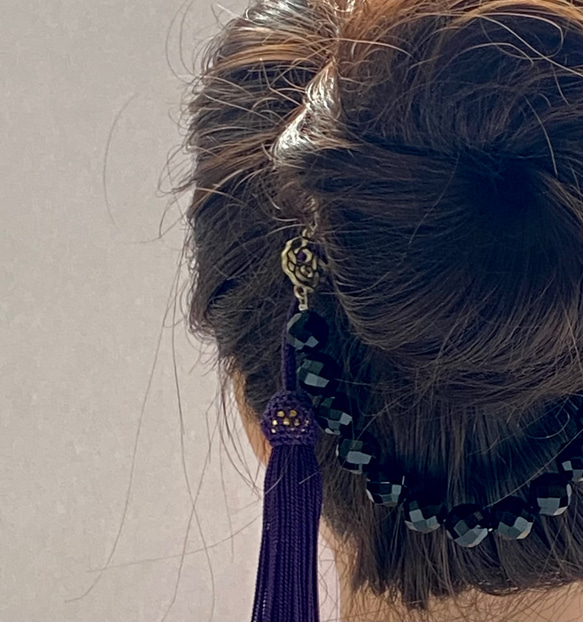 〈羽織り紐〉ユニセックス　古代紫　ラグジュアリー　オニキス　正絹　髪飾り　クール 2枚目の画像