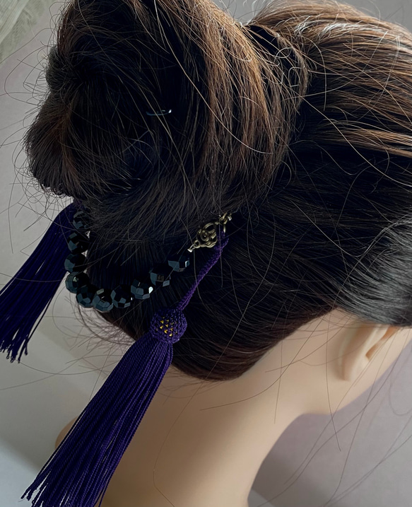 〈羽織り紐〉ユニセックス　古代紫　ラグジュアリー　オニキス　正絹　髪飾り　クール 7枚目の画像