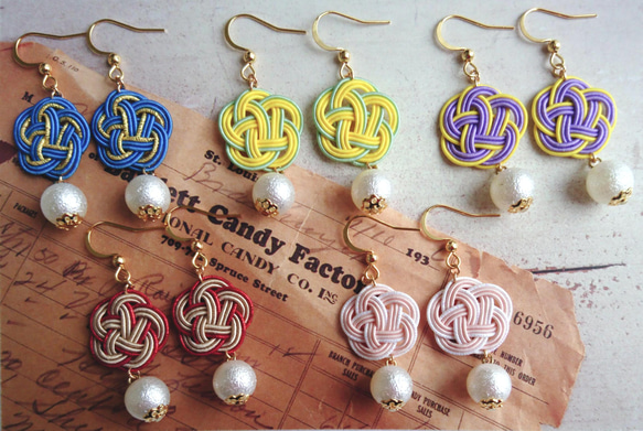 水引梅花とコットンパール　大人可愛いピアス・イヤリング《勿忘草》    和モダン 青　金  アレルギー対応 4枚目の画像