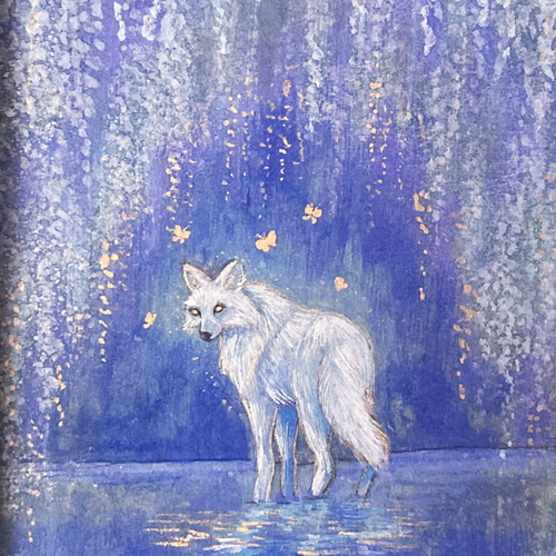 藤の花の絵画 泉の奥へ /インテリアアート 花の絵 オオカミ 蝶