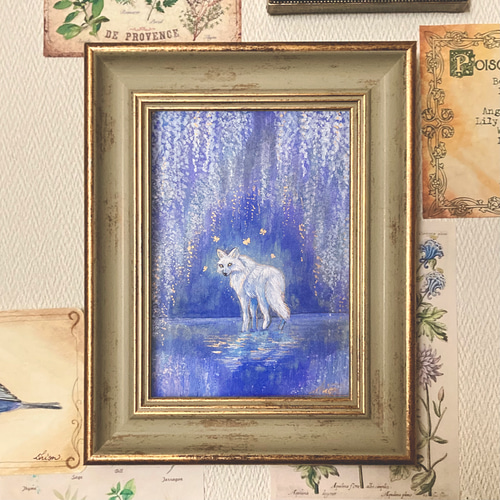 藤の花の絵画 泉の奥へ /インテリアアート 花の絵 オオカミ 蝶 日本画